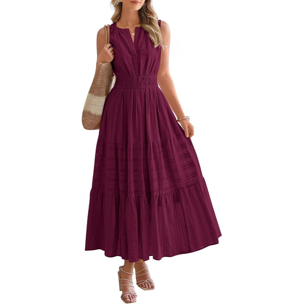 imageBTFBM Summer Dresses for Women 2026 Sleeveless Boho V Neck A Line Flowy Spring Casual Maxi Dress Beach Vacation PocketsBurgundy
