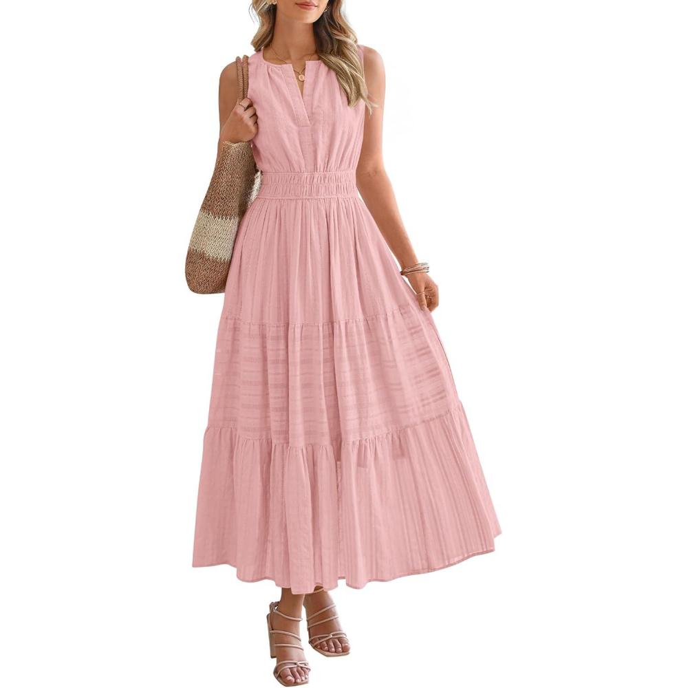 imageBTFBM Summer Dresses for Women 2026 Sleeveless Boho V Neck A Line Flowy Spring Casual Maxi Dress Beach Vacation PocketsPink