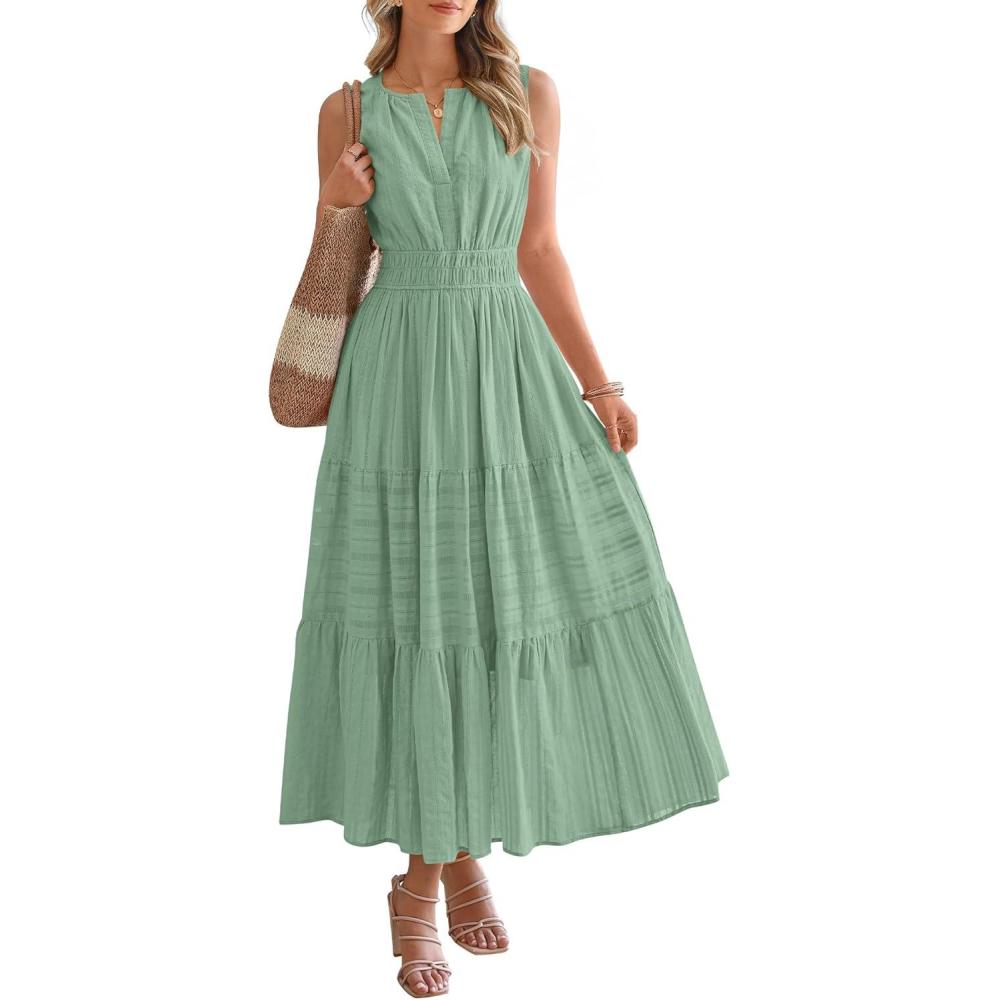 imageBTFBM Summer Dresses for Women 2026 Sleeveless Boho V Neck A Line Flowy Spring Casual Maxi Dress Beach Vacation PocketsSage Green