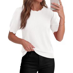 BTFBM Short Sleeve Sweater for Women 2026 Spring Summer Knit Basic Tops Lightweight Business Casual Vacation Outfits(White)