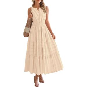 BTFBM Summer Dresses for Women 2026 Sleeveless Boho V Neck A Line Flowy Spring Casual Maxi Dress Beach Vacation Pockets(Apricot)