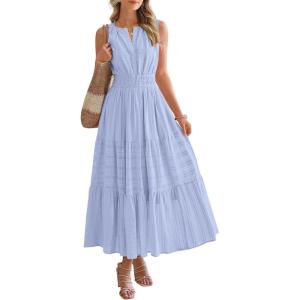 BTFBM Summer Dresses for Women 2026 Sleeveless Boho V Neck A Line Flowy Spring Casual Maxi Dress Beach Vacation Pockets(Light Blue)