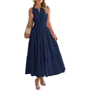 BTFBM Summer Dresses for Women 2026 Sleeveless Boho V Neck A Line Flowy Spring Casual Maxi Dress Beach Vacation Pockets(Navy Blue)