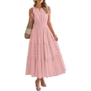 BTFBM Summer Dresses for Women 2026 Sleeveless Boho V Neck A Line Flowy Spring Casual Maxi Dress Beach Vacation Pockets(Pink)