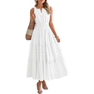 BTFBM Summer Dresses for Women 2026 Sleeveless Boho V Neck A Line Flowy Spring Casual Maxi Dress Beach Vacation Pockets(White)