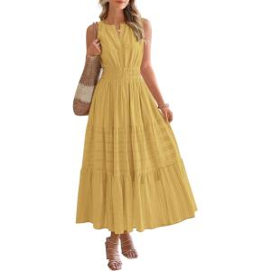 BTFBM Summer Dresses for Women 2026 Sleeveless Boho V Neck A Line Flowy Spring Casual Maxi Dress Beach Vacation Pockets(Yellow)