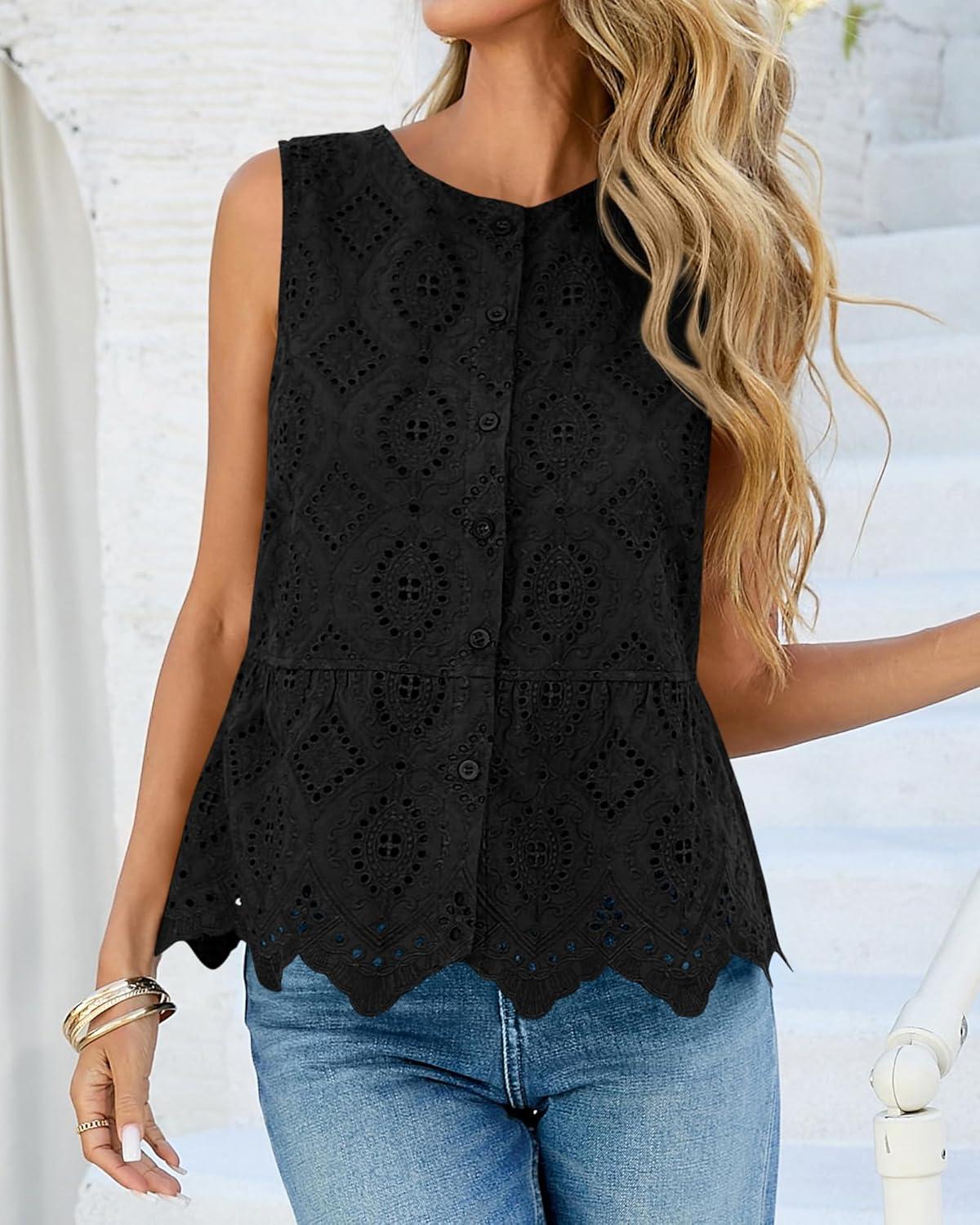 imageBTFBM Womens Tank Tops 2026 Summer Casual Sleeveless Button Down Shirts Embroidered Eyelet Blouse Beach Vacation ClothesBlack