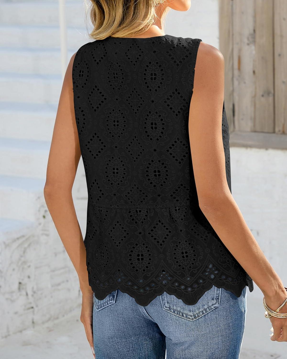 imageBTFBM Womens Tank Tops 2026 Summer Casual Sleeveless Button Down Shirts Embroidered Eyelet Blouse Beach Vacation ClothesBlack