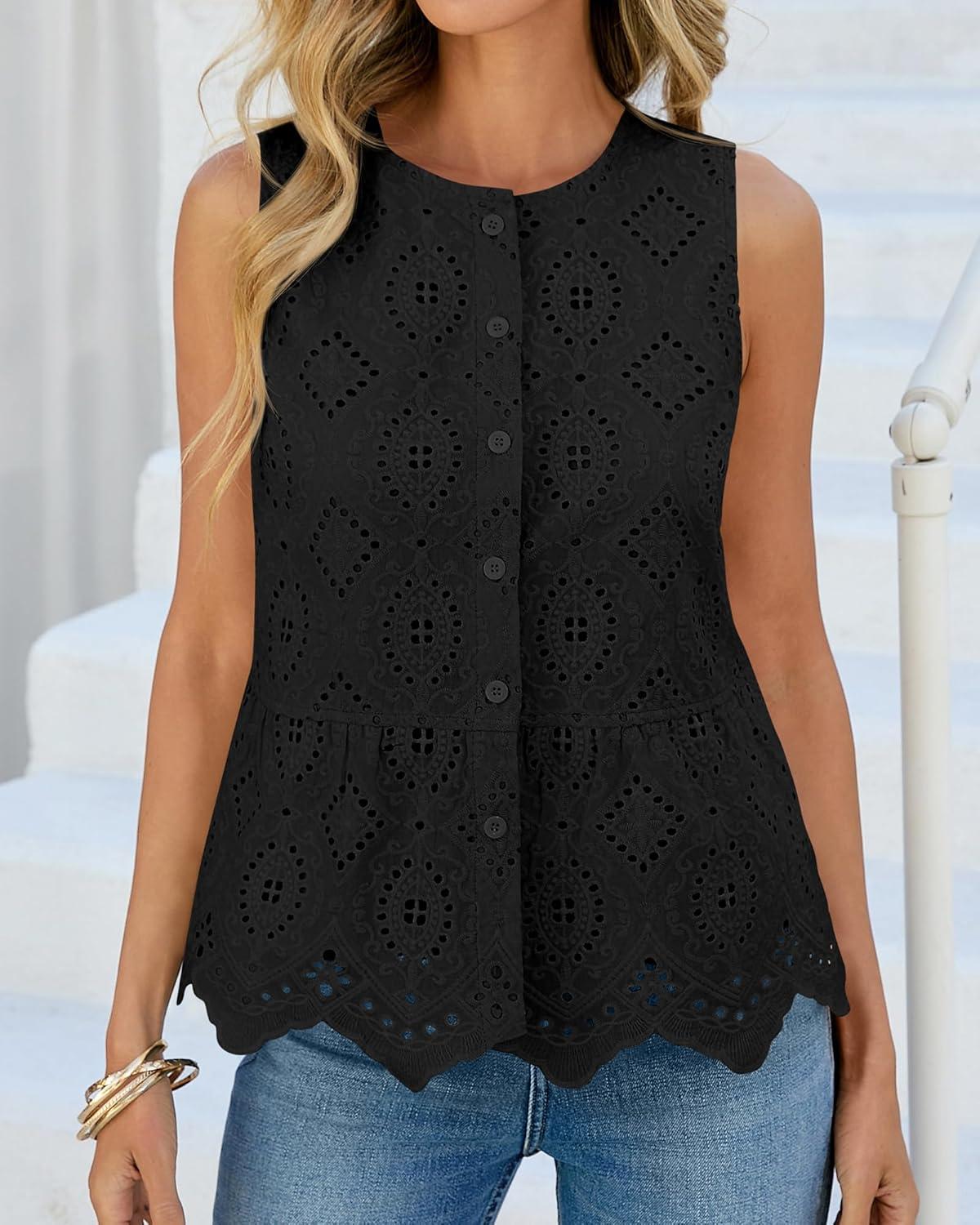 imageBTFBM Womens Tank Tops 2026 Summer Casual Sleeveless Button Down Shirts Embroidered Eyelet Blouse Beach Vacation ClothesBlack