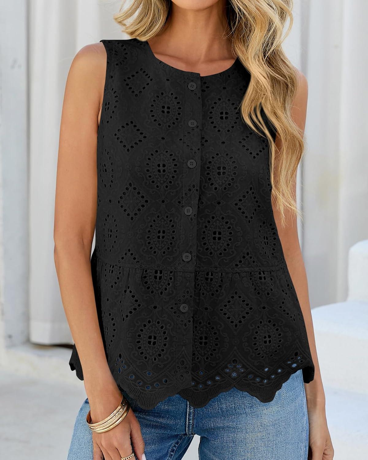 imageBTFBM Womens Tank Tops 2026 Summer Casual Sleeveless Button Down Shirts Embroidered Eyelet Blouse Beach Vacation ClothesBlack