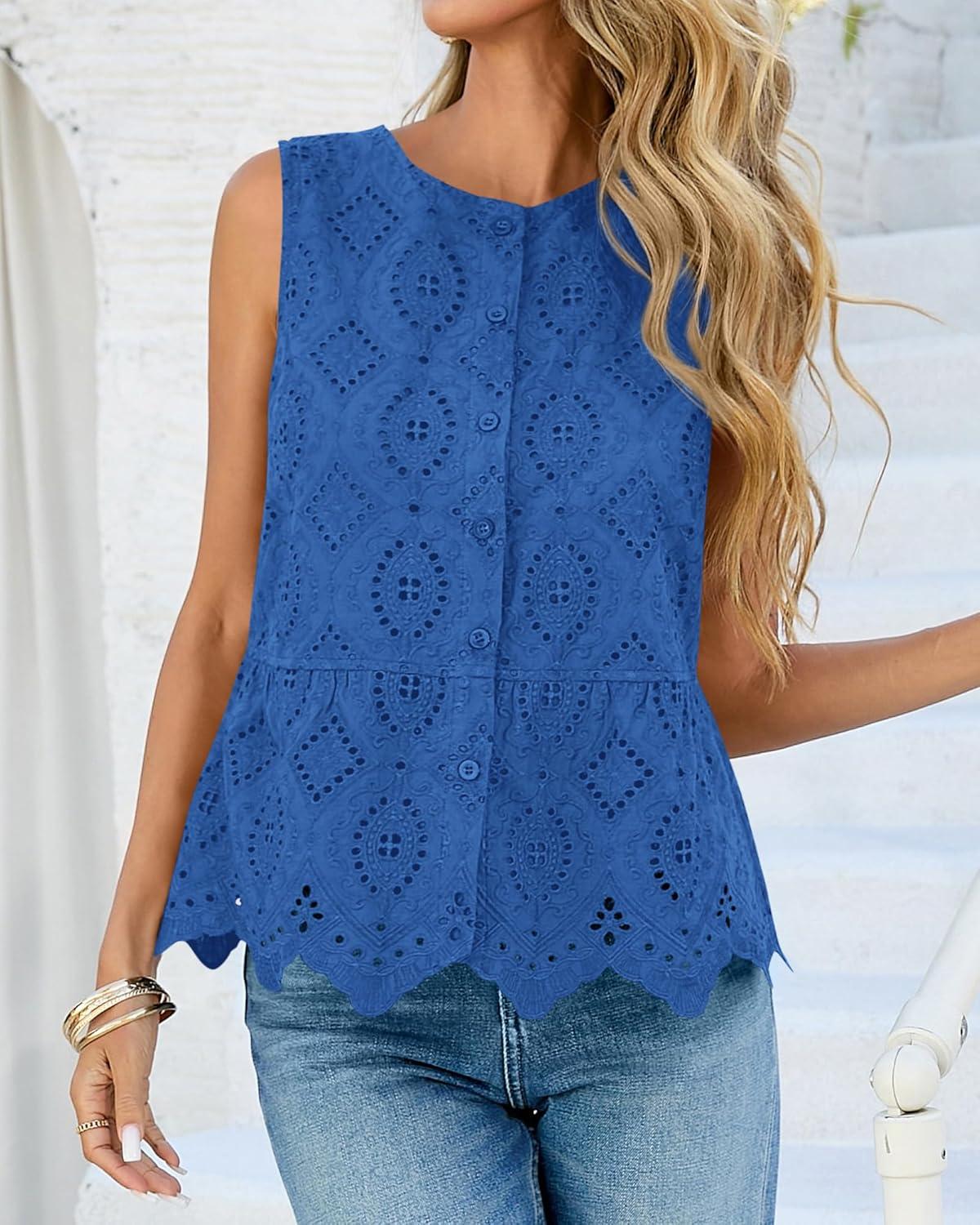 imageBTFBM Womens Tank Tops 2026 Summer Casual Sleeveless Button Down Shirts Embroidered Eyelet Blouse Beach Vacation ClothesBlue