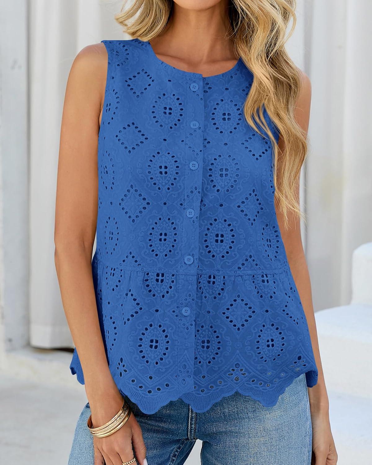 imageBTFBM Womens Tank Tops 2026 Summer Casual Sleeveless Button Down Shirts Embroidered Eyelet Blouse Beach Vacation ClothesBlue