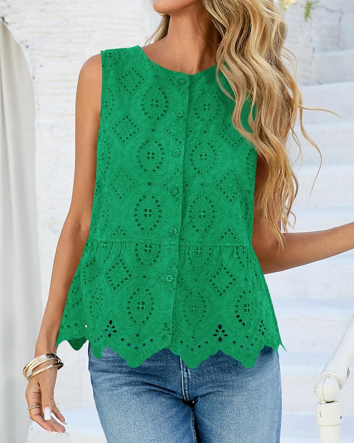 imageBTFBM Womens Tank Tops 2026 Summer Casual Sleeveless Button Down Shirts Embroidered Eyelet Blouse Beach Vacation ClothesGreen