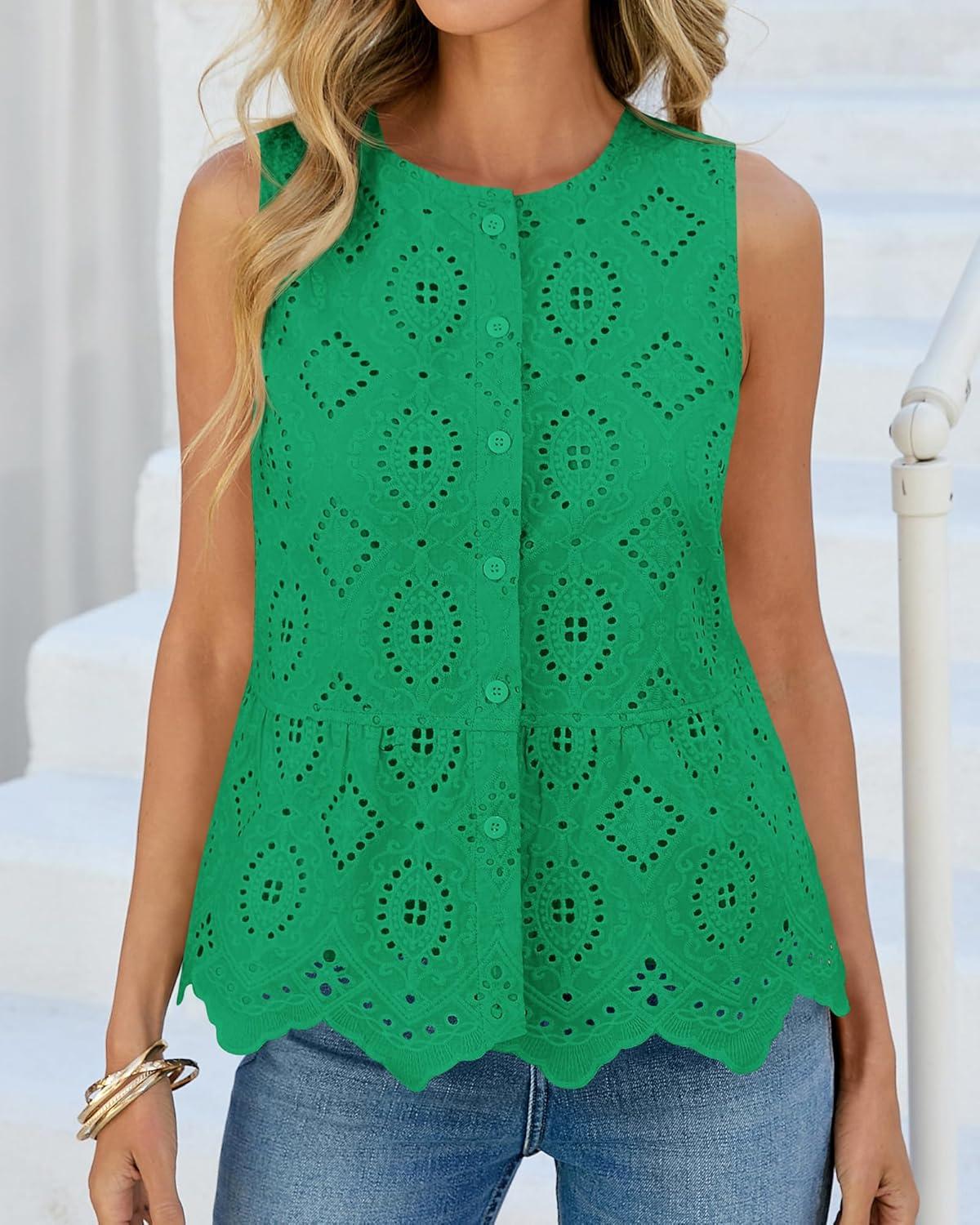imageBTFBM Womens Tank Tops 2026 Summer Casual Sleeveless Button Down Shirts Embroidered Eyelet Blouse Beach Vacation ClothesGreen