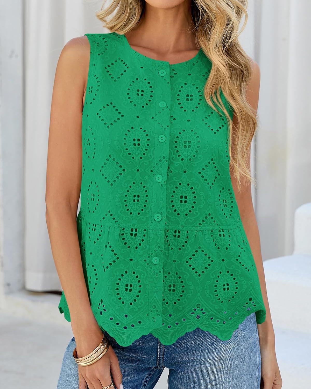 imageBTFBM Womens Tank Tops 2026 Summer Casual Sleeveless Button Down Shirts Embroidered Eyelet Blouse Beach Vacation ClothesGreen