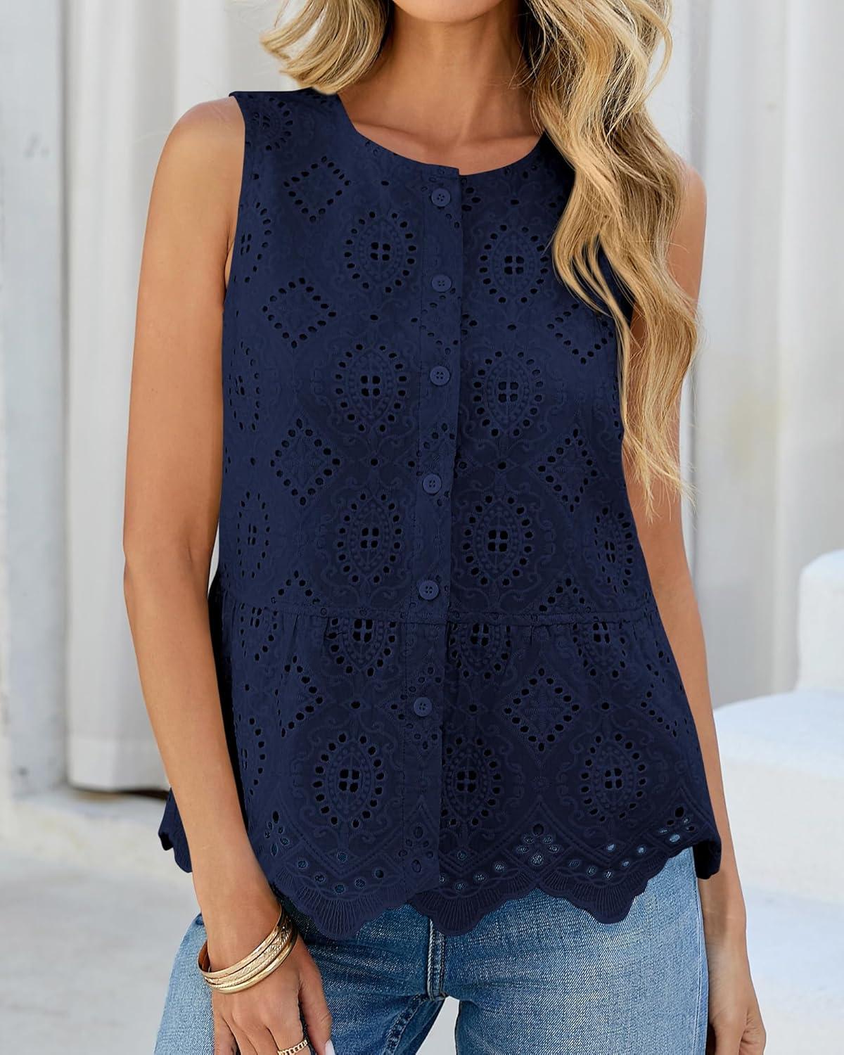 imageBTFBM Womens Tank Tops 2026 Summer Casual Sleeveless Button Down Shirts Embroidered Eyelet Blouse Beach Vacation ClothesNavy