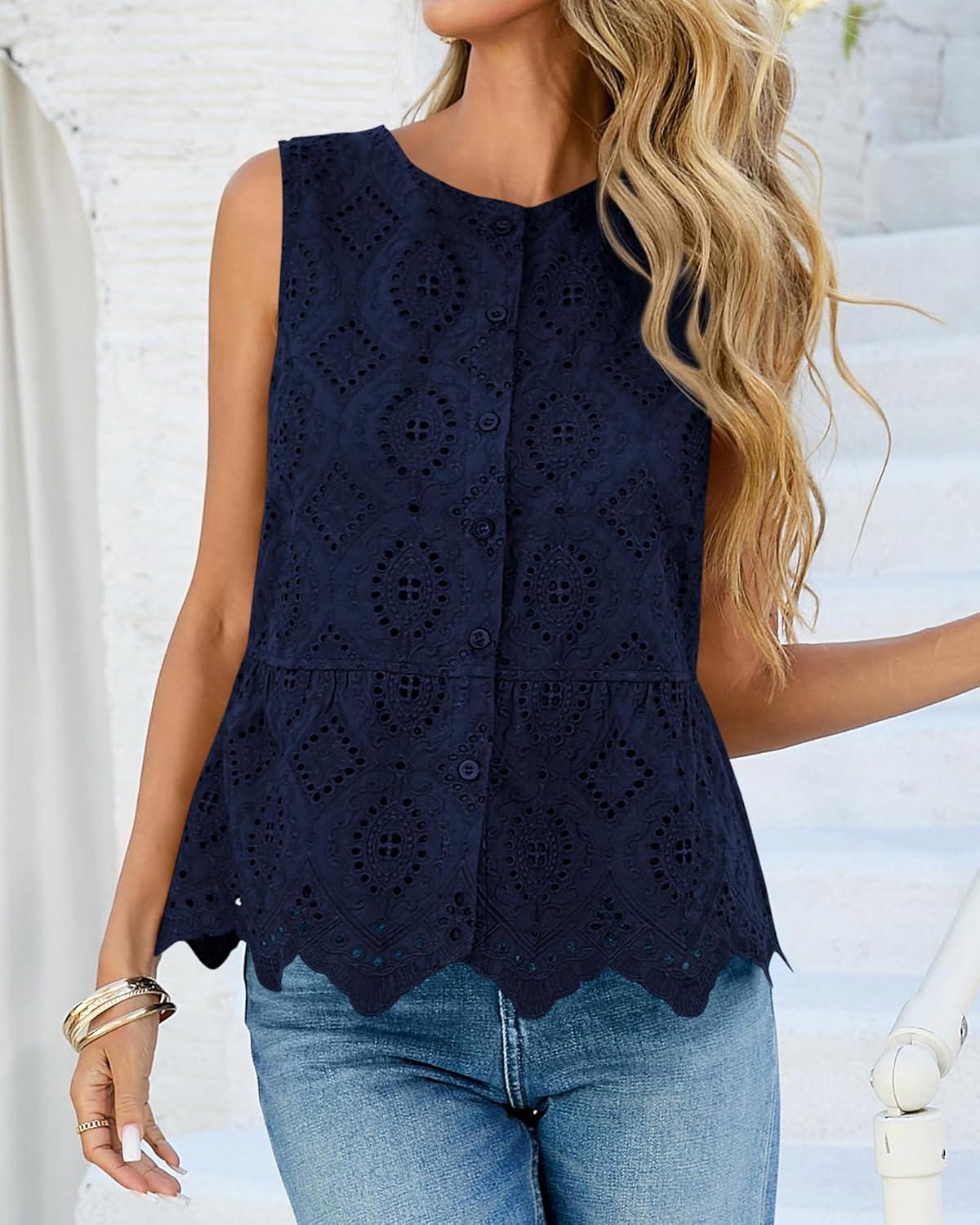 imageBTFBM Womens Tank Tops 2026 Summer Casual Sleeveless Button Down Shirts Embroidered Eyelet Blouse Beach Vacation ClothesNavy