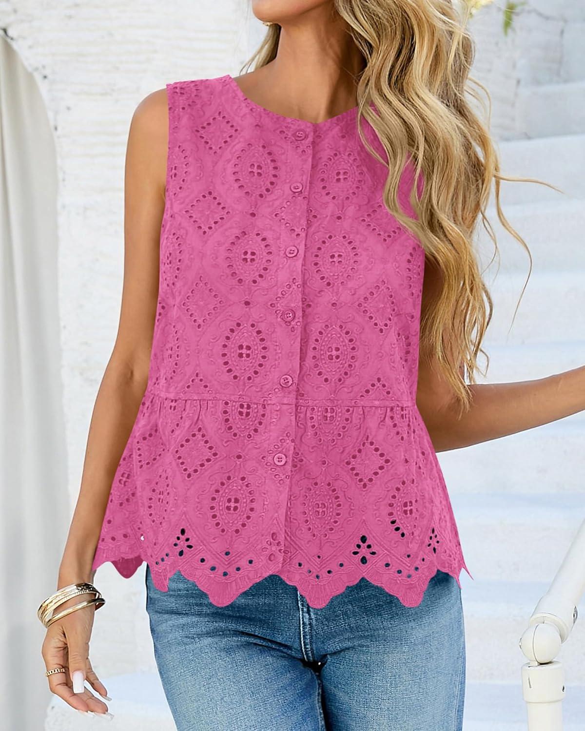 imageBTFBM Womens Tank Tops 2026 Summer Casual Sleeveless Button Down Shirts Embroidered Eyelet Blouse Beach Vacation ClothesRose Pink