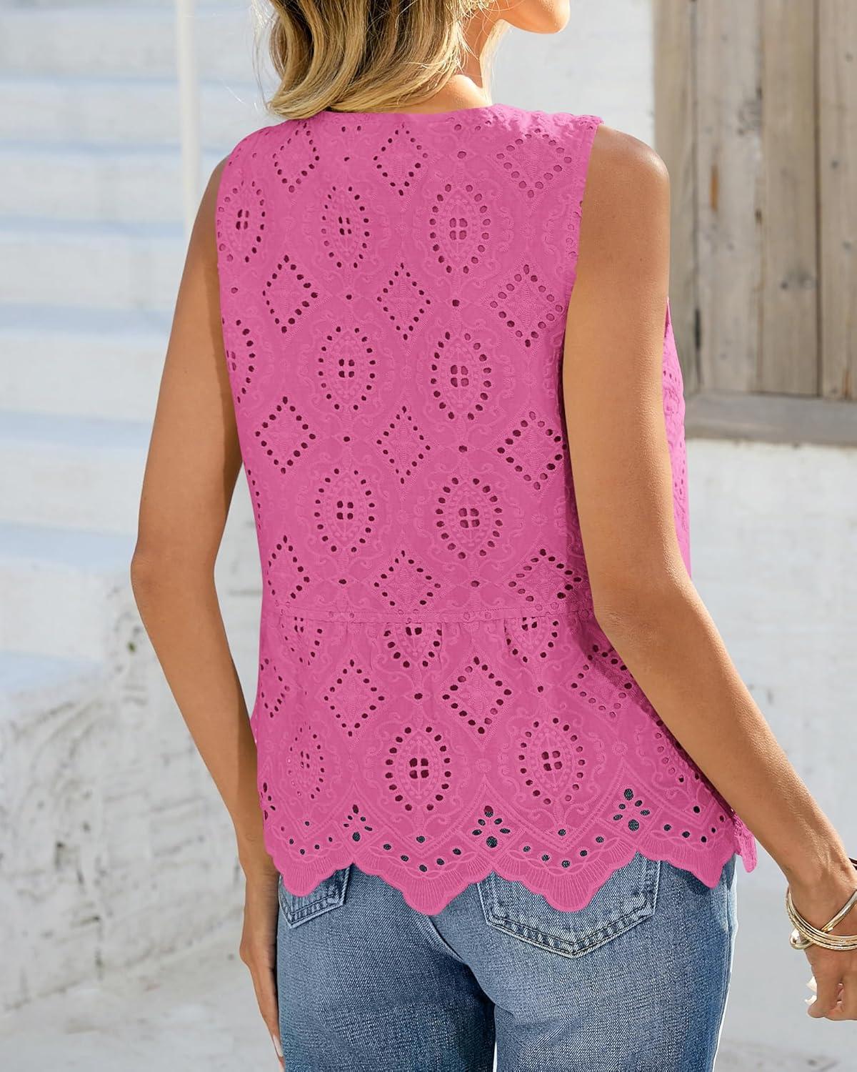 imageBTFBM Womens Tank Tops 2026 Summer Casual Sleeveless Button Down Shirts Embroidered Eyelet Blouse Beach Vacation ClothesRose Pink