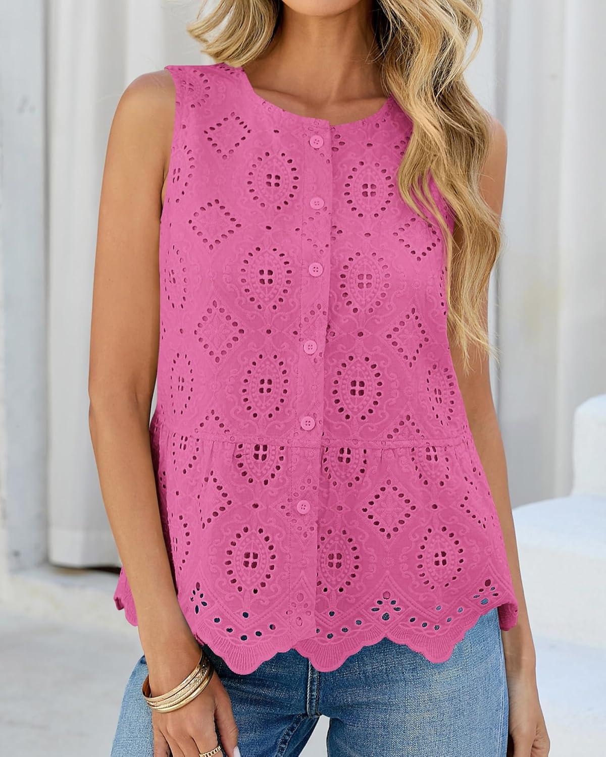imageBTFBM Womens Tank Tops 2026 Summer Casual Sleeveless Button Down Shirts Embroidered Eyelet Blouse Beach Vacation ClothesRose Pink