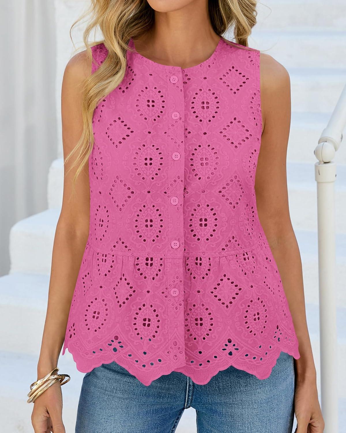imageBTFBM Womens Tank Tops 2026 Summer Casual Sleeveless Button Down Shirts Embroidered Eyelet Blouse Beach Vacation ClothesRose Pink