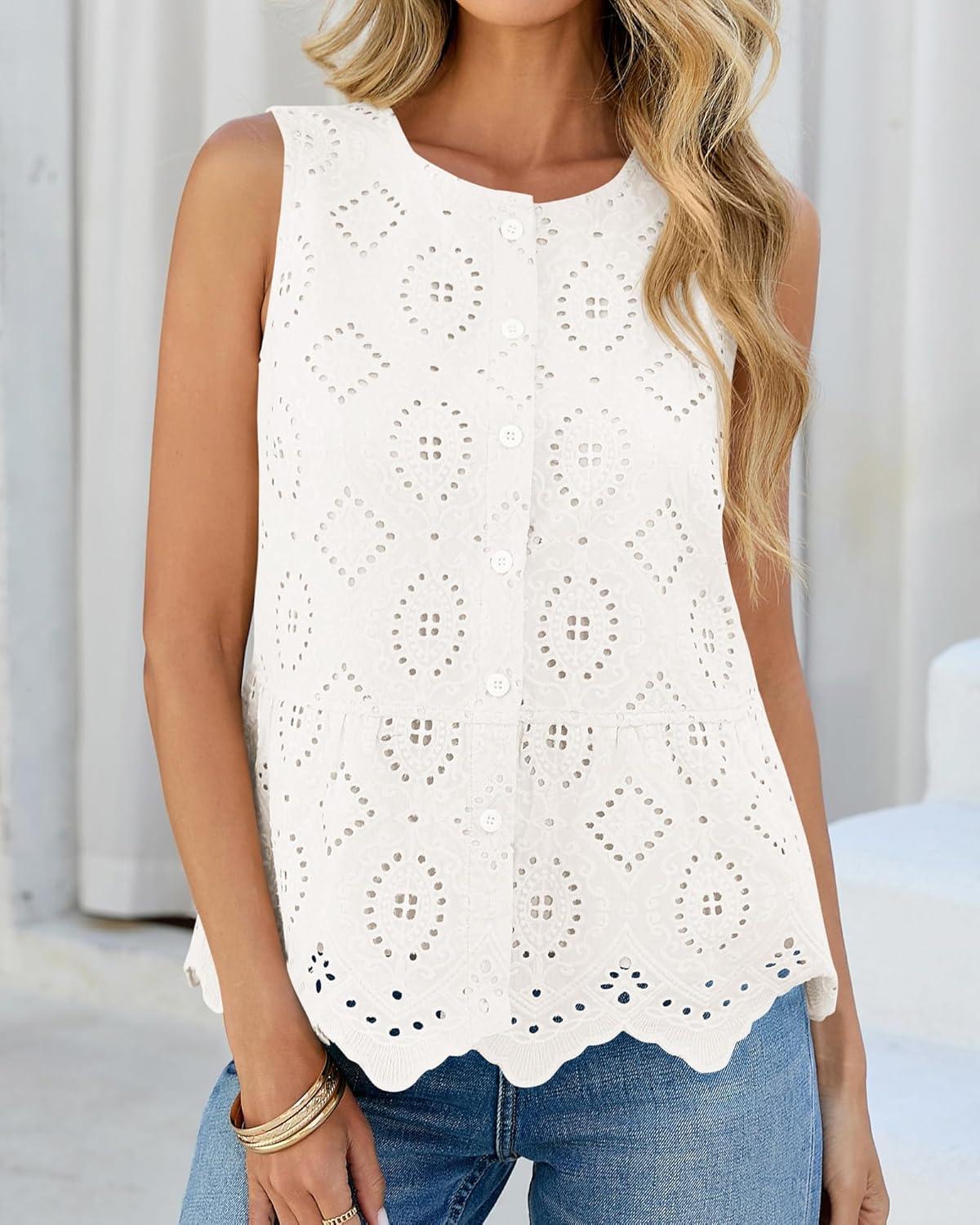 imageBTFBM Womens Tank Tops 2026 Summer Casual Sleeveless Button Down Shirts Embroidered Eyelet Blouse Beach Vacation ClothesWhite