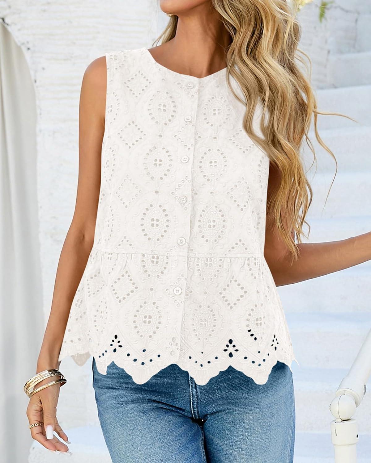 imageBTFBM Womens Tank Tops 2026 Summer Casual Sleeveless Button Down Shirts Embroidered Eyelet Blouse Beach Vacation ClothesWhite