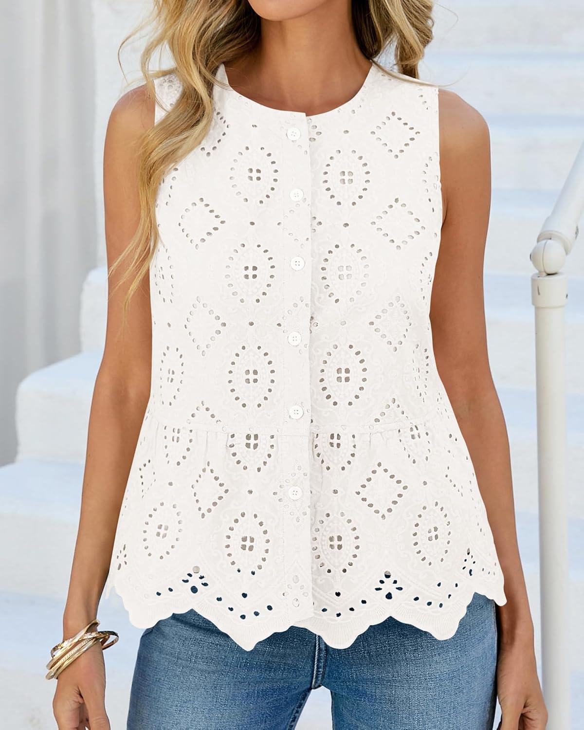 imageBTFBM Womens Tank Tops 2026 Summer Casual Sleeveless Button Down Shirts Embroidered Eyelet Blouse Beach Vacation ClothesWhite