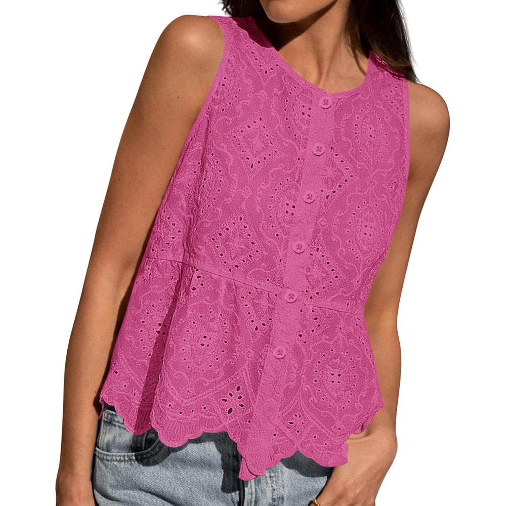 imageBTFBM Womens Tank Tops 2026 Summer Casual Sleeveless Button Down Shirts Embroidered Eyelet Blouse Beach Vacation ClothesRose Pink