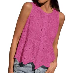 BTFBM Womens Tank Tops 2026 Summer Casual Sleeveless Button Down Shirts Embroidered Eyelet Blouse Beach Vacation Clothes(Rose Pink)