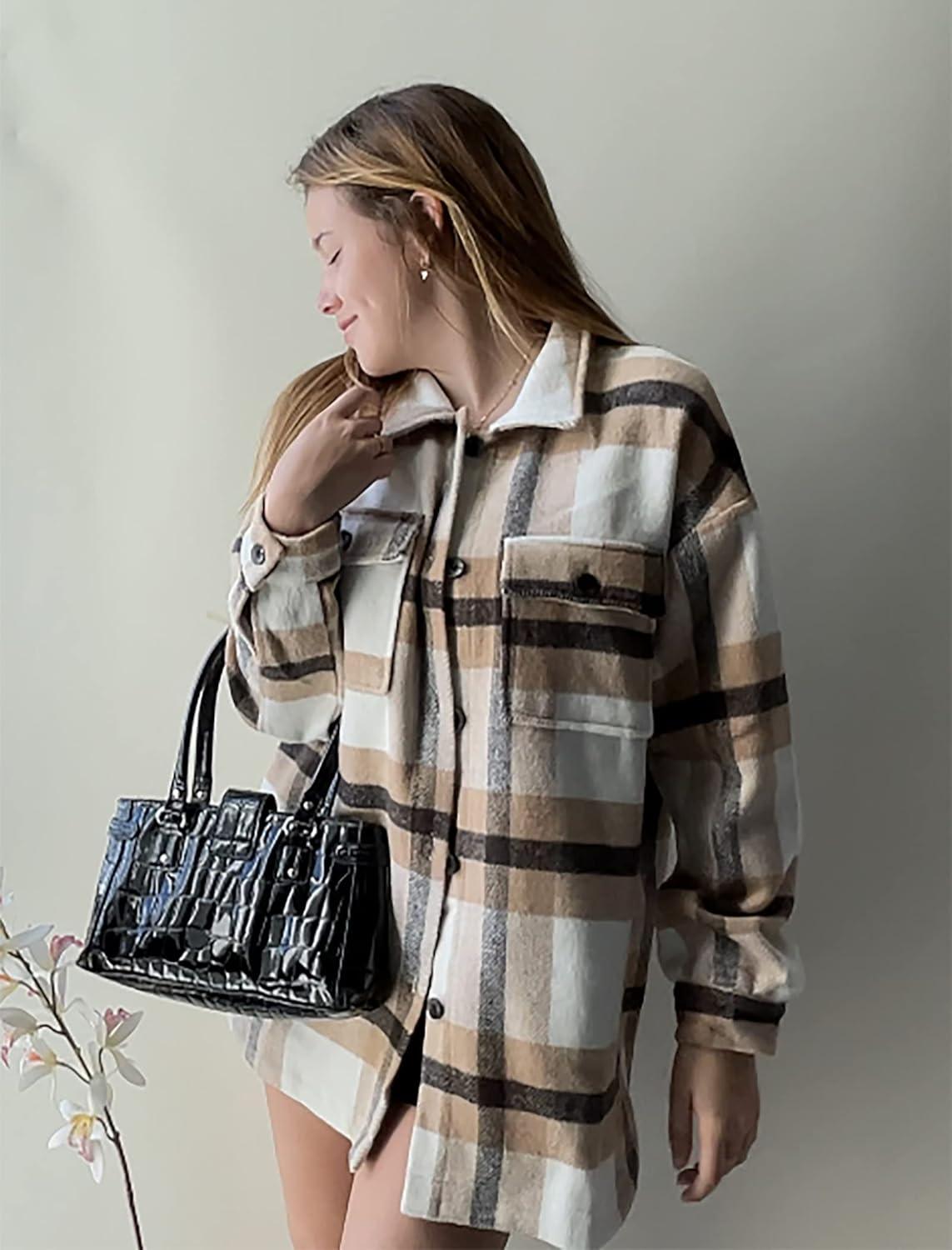 imageBTFBM Womens Long Sleeve Button Down Jackets Plaid Flannel Shirts Tops Casual Lapel V Neck Oversized Shackets Blouses TopPlaid Apricot