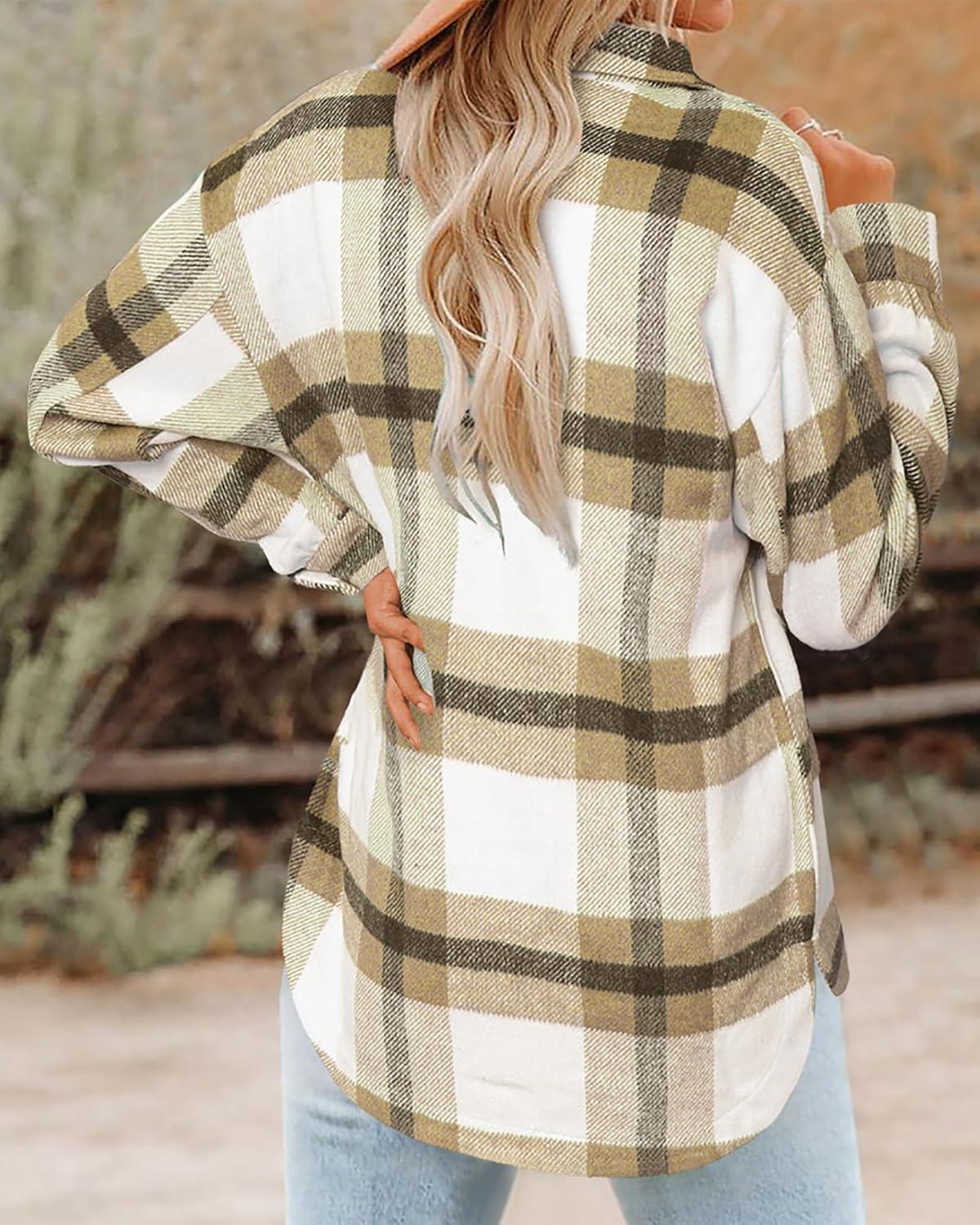 imageBTFBM Womens Long Sleeve Button Down Jackets Plaid Flannel Shirts Tops Casual Lapel V Neck Oversized Shackets Blouses TopPlaid Apricot