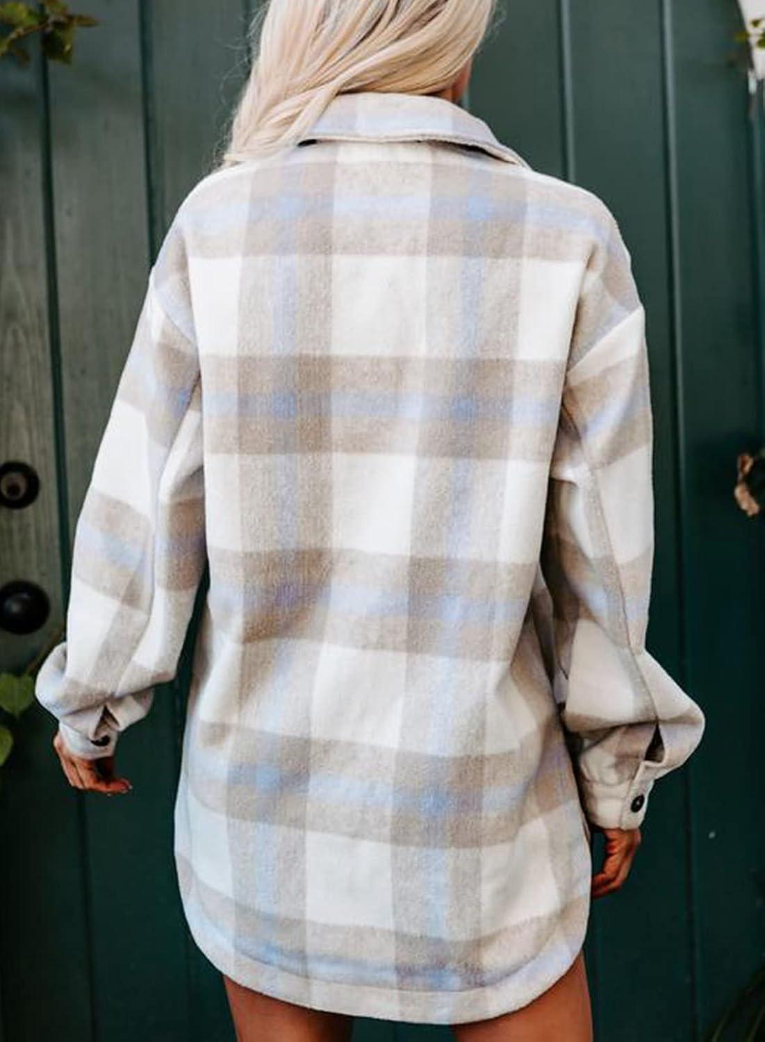 imageBTFBM Womens Long Sleeve Button Down Jackets Plaid Flannel Shirts Tops Casual Lapel V Neck Oversized Shackets Blouses TopPlaid Grey