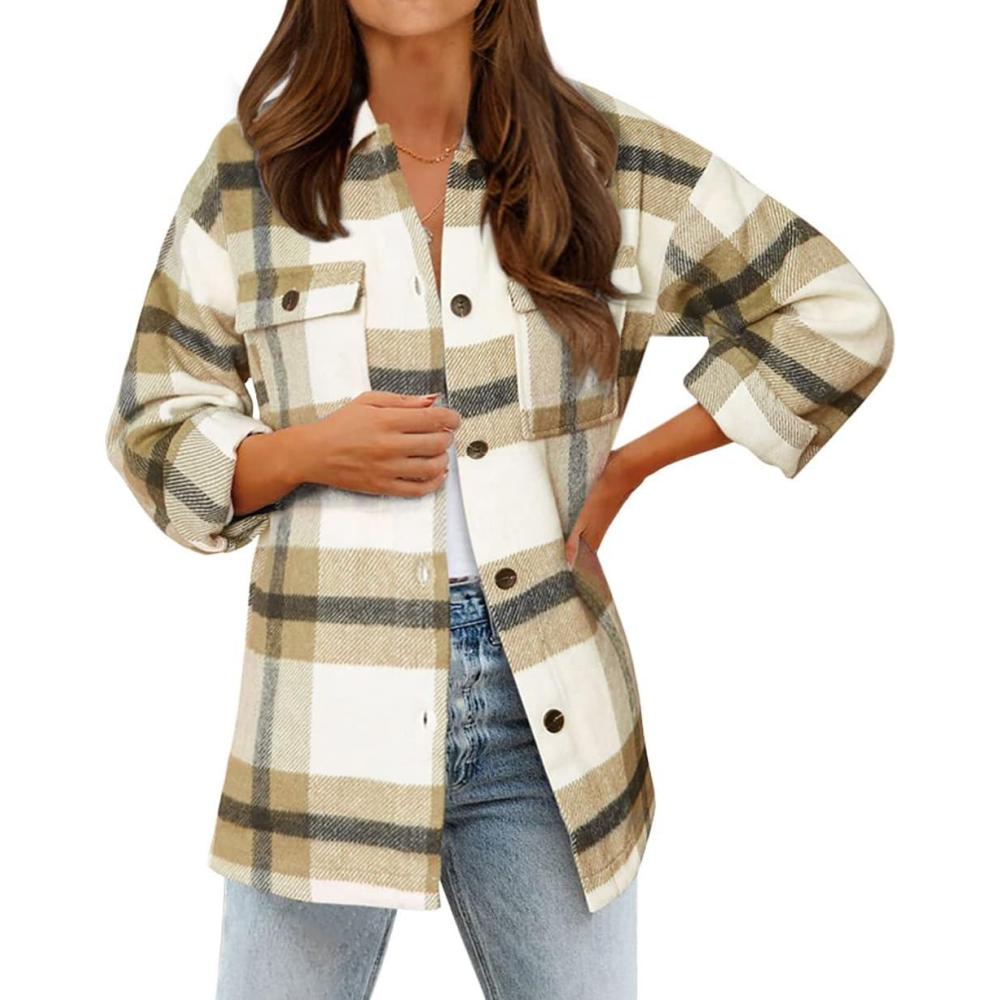 imageBTFBM Womens Long Sleeve Button Down Jackets Plaid Flannel Shirts Tops Casual Lapel V Neck Oversized Shackets Blouses TopPlaid Apricot