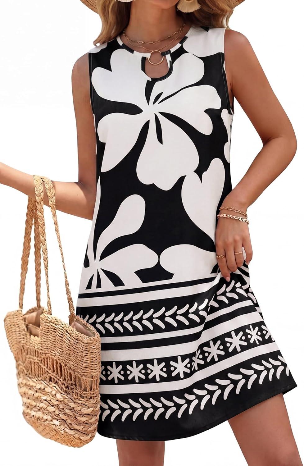 imageBTFBM Casual Summer Dresses for Women 2026 Spring Sleeveless Boho Floral Tank Mini Sun Dress Beach Vacation SundressesFloral White Black