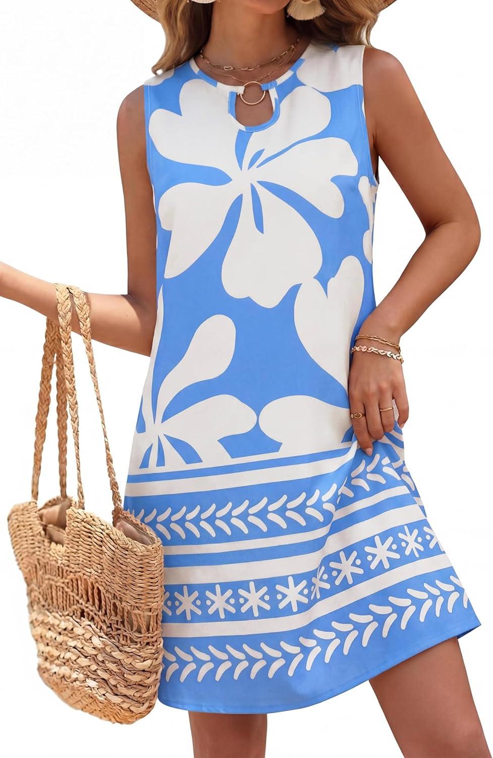 imageBTFBM Casual Summer Dresses for Women 2026 Spring Sleeveless Boho Floral Tank Mini Sun Dress Beach Vacation SundressesFloral White Blue