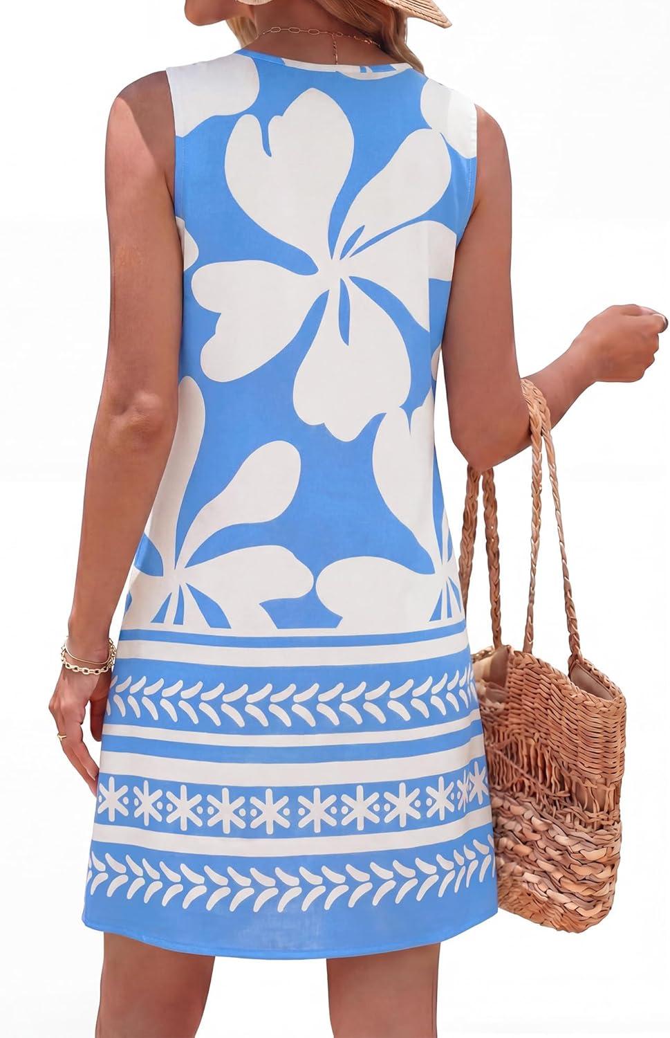 imageBTFBM Casual Summer Dresses for Women 2026 Spring Sleeveless Boho Floral Tank Mini Sun Dress Beach Vacation SundressesFloral White Blue