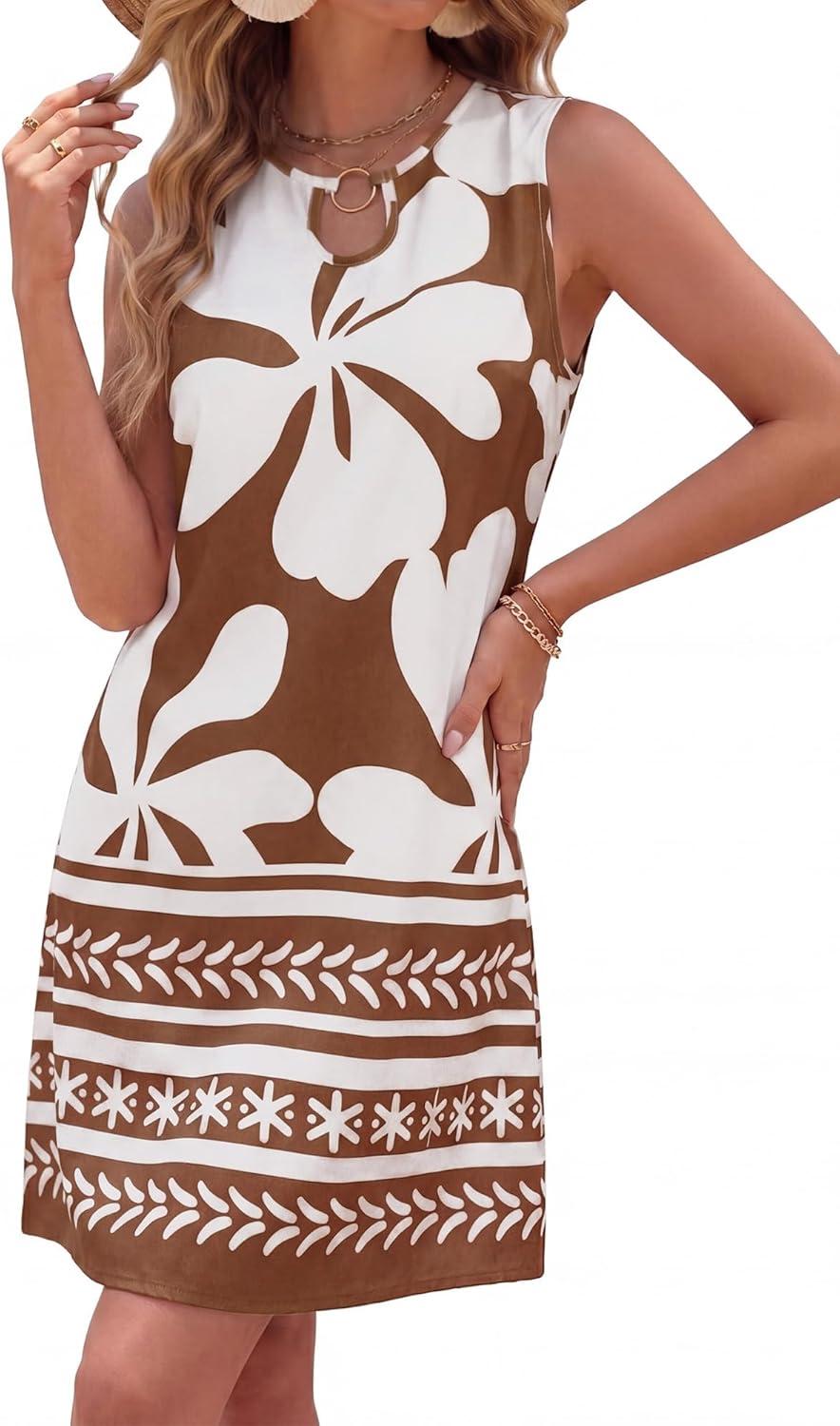 imageBTFBM Casual Summer Dresses for Women 2026 Spring Sleeveless Boho Floral Tank Mini Sun Dress Beach Vacation SundressesFloral White Khaki