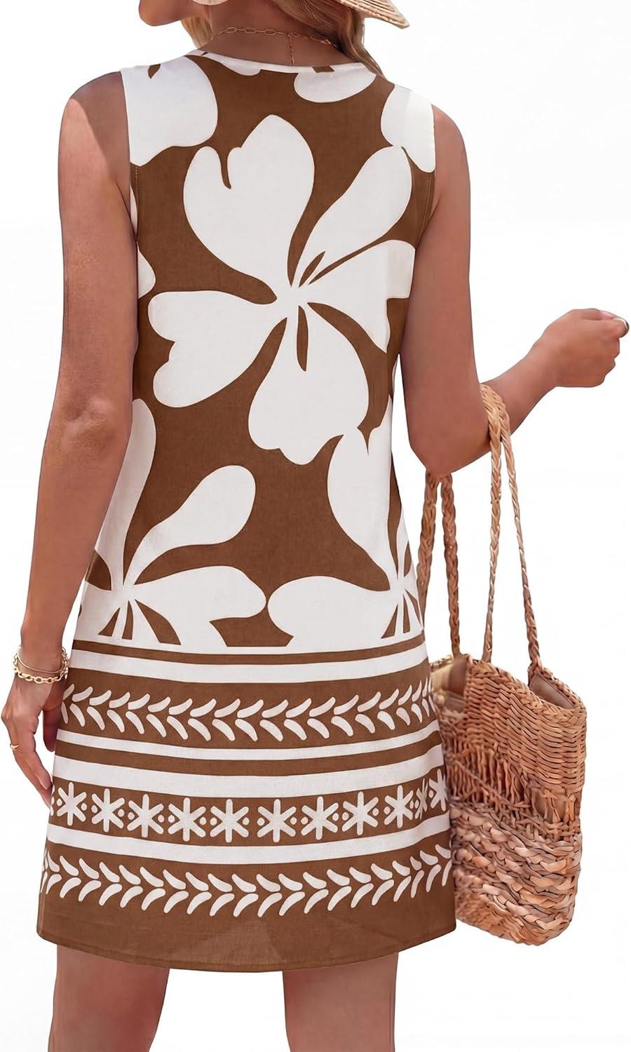 imageBTFBM Casual Summer Dresses for Women 2026 Spring Sleeveless Boho Floral Tank Mini Sun Dress Beach Vacation SundressesFloral White Khaki