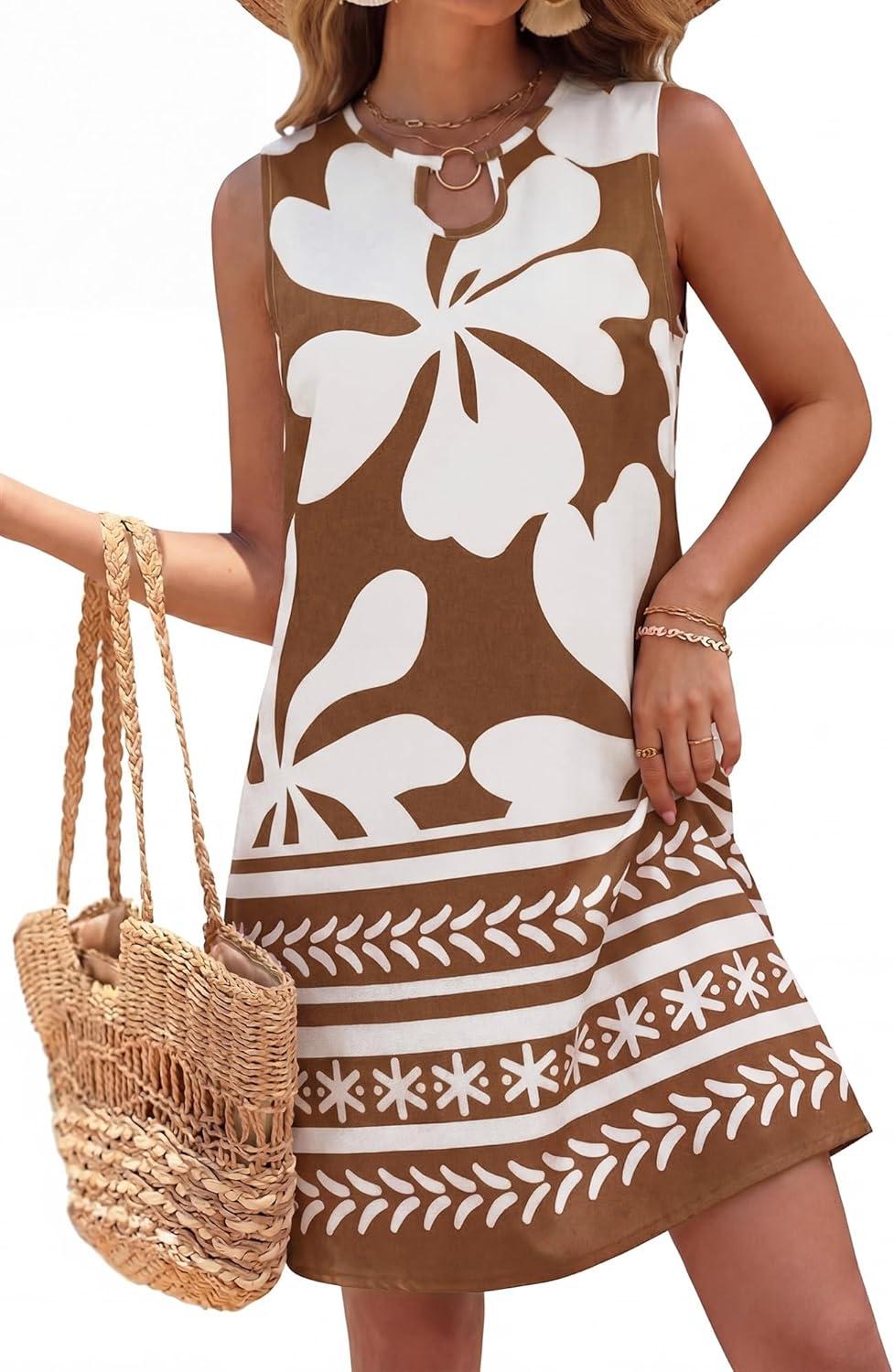 imageBTFBM Casual Summer Dresses for Women 2026 Spring Sleeveless Boho Floral Tank Mini Sun Dress Beach Vacation SundressesFloral White Khaki