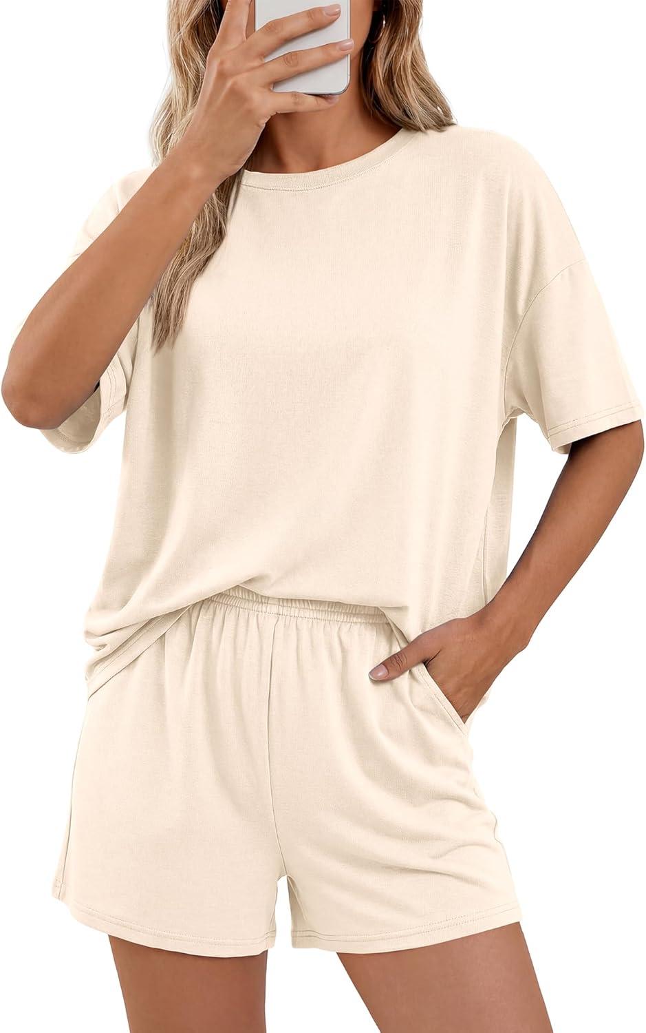 imageBTFBM 2 Piece Lounge Sets For Women 2026 Summer Airport Travel Vacation Outfits Loose Matching Clothing Spring Short SetBeige