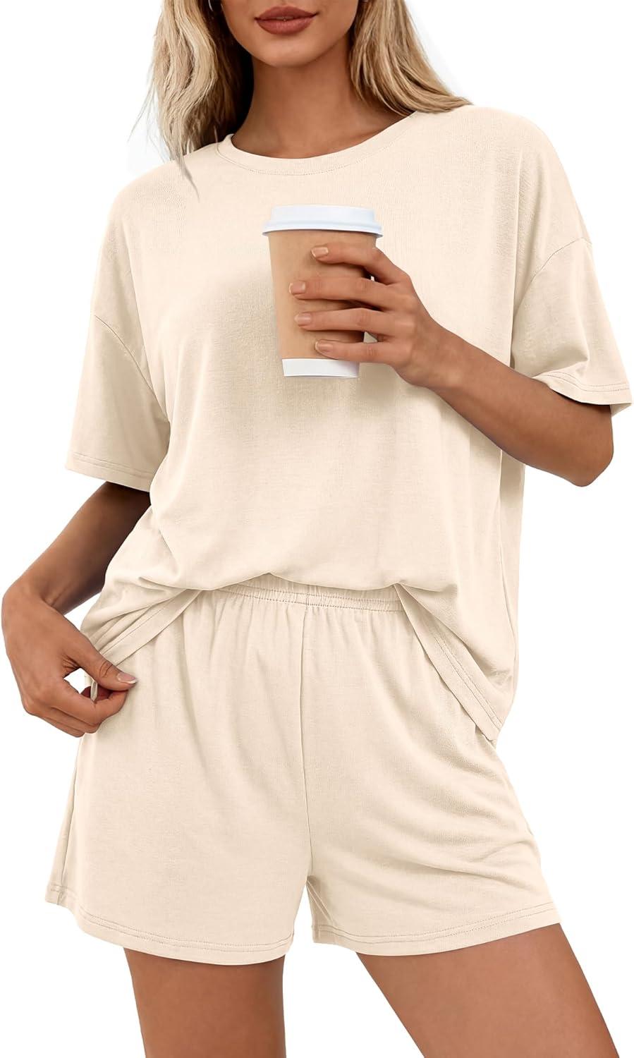 imageBTFBM 2 Piece Lounge Sets For Women 2026 Summer Airport Travel Vacation Outfits Loose Matching Clothing Spring Short SetBeige
