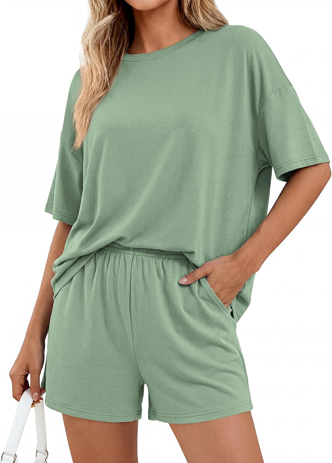 imageBTFBM 2 Piece Lounge Sets For Women 2026 Summer Airport Travel Vacation Outfits Loose Matching Clothing Spring Short SetGrey Green