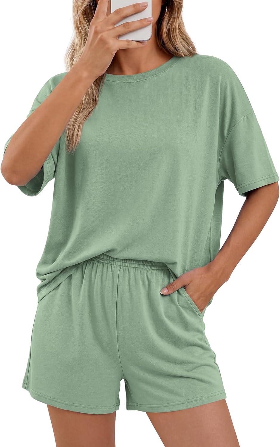 imageBTFBM 2 Piece Lounge Sets For Women 2026 Summer Airport Travel Vacation Outfits Loose Matching Clothing Spring Short SetGrey Green