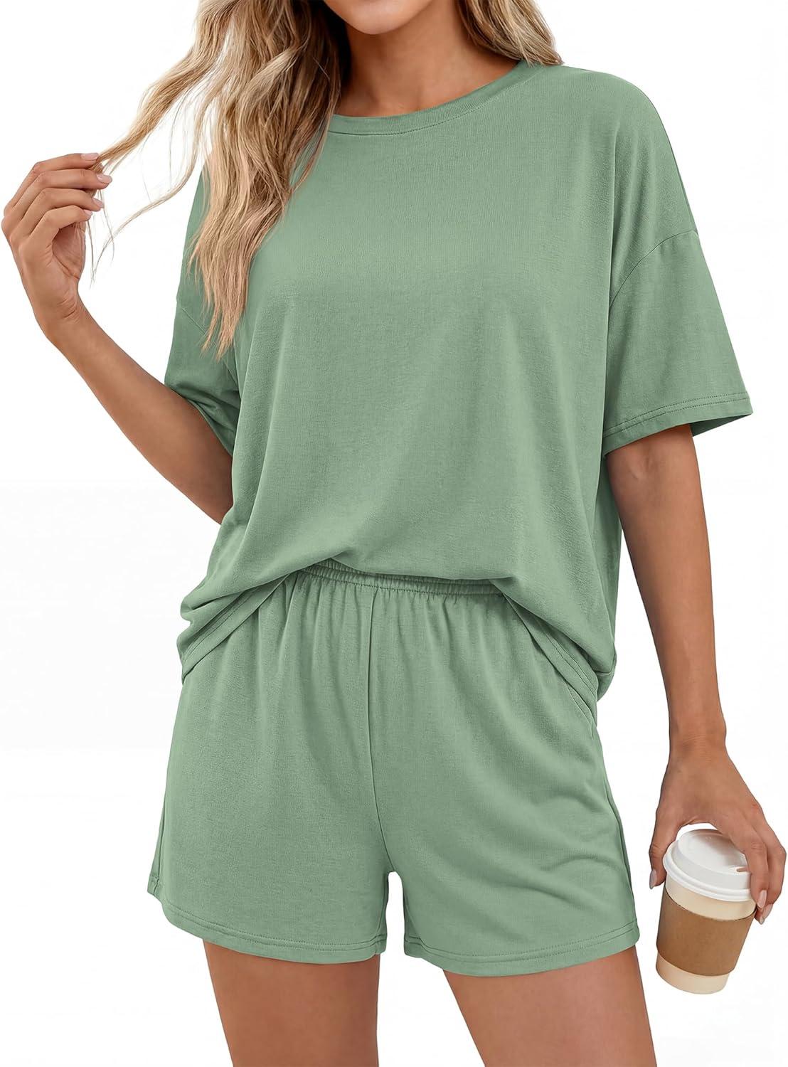 imageBTFBM 2 Piece Lounge Sets For Women 2026 Summer Airport Travel Vacation Outfits Loose Matching Clothing Spring Short SetGrey Green