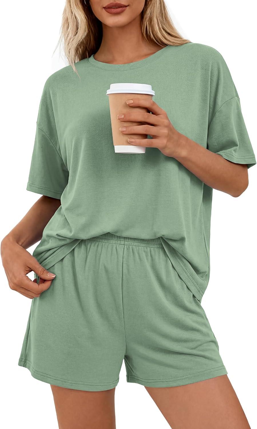 imageBTFBM 2 Piece Lounge Sets For Women 2026 Summer Airport Travel Vacation Outfits Loose Matching Clothing Spring Short SetGrey Green