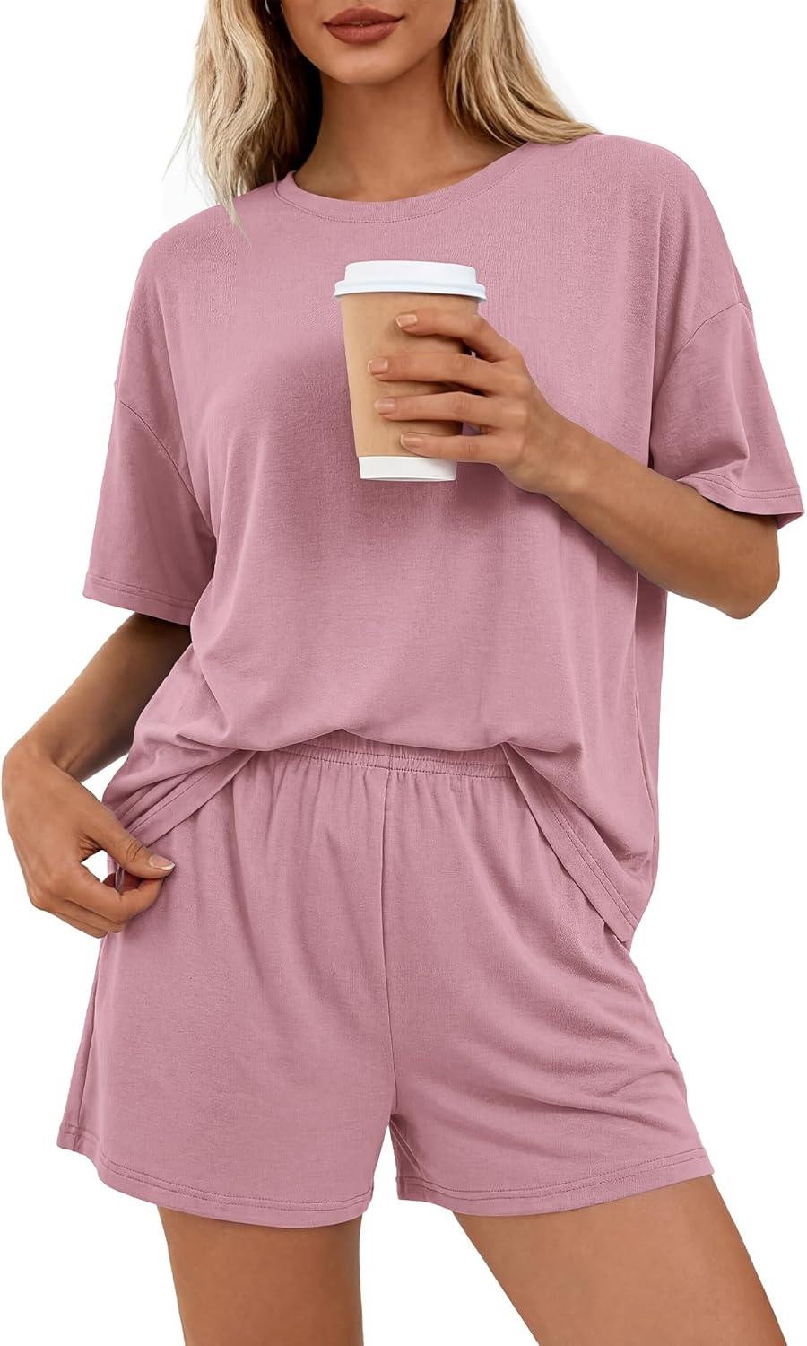 imageBTFBM 2 Piece Lounge Sets For Women 2026 Summer Airport Travel Vacation Outfits Loose Matching Clothing Spring Short SetPink