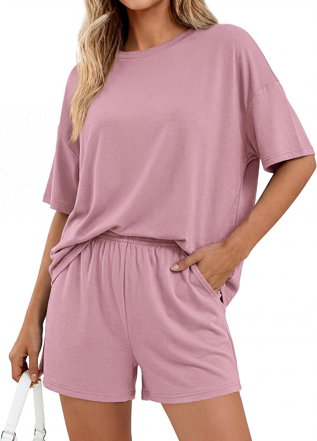 imageBTFBM 2 Piece Lounge Sets For Women 2026 Summer Airport Travel Vacation Outfits Loose Matching Clothing Spring Short SetPink