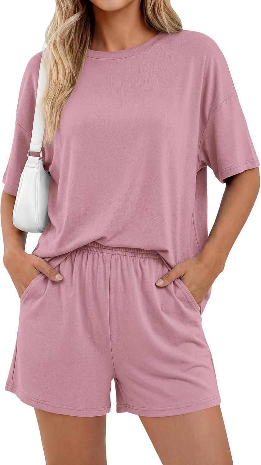 imageBTFBM 2 Piece Lounge Sets For Women 2026 Summer Airport Travel Vacation Outfits Loose Matching Clothing Spring Short SetPink