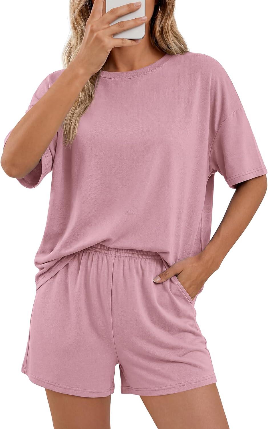 imageBTFBM 2 Piece Lounge Sets For Women 2026 Summer Airport Travel Vacation Outfits Loose Matching Clothing Spring Short SetPink